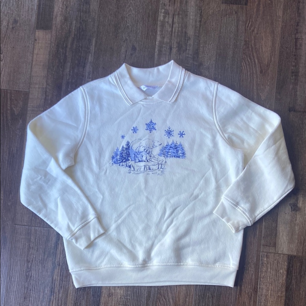 Northern Reflection Blue Polar Bears winter scene on cream crewneck sweater